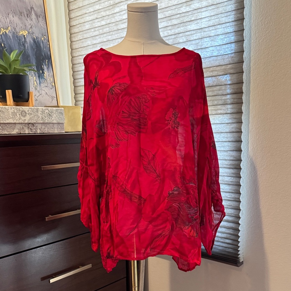 Woman's Chico's Red Sheer Floral Blouse. Size 2/L